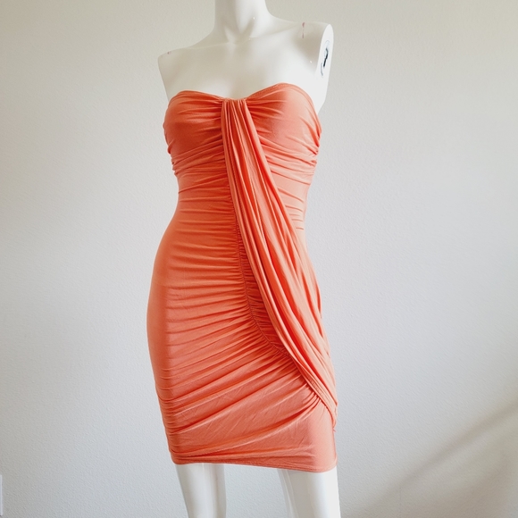 bebe Dresses & Skirts - Bebe Tangerine Coral Orange Strapless Ruched Silk Mini Bodycon Dress Sz S